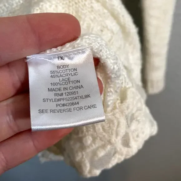 Pink Rose Boutique Womens 1X Plus White Lace Sweater Long Sleeve Shirt Neck Top - Picture 5 of 8